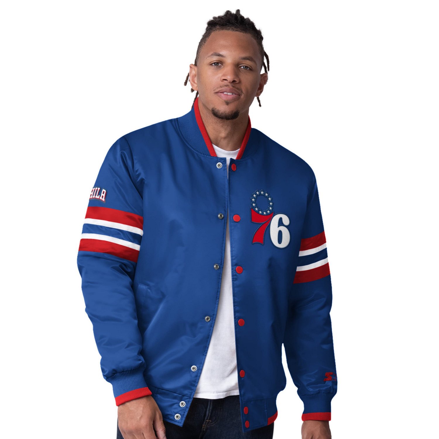 Starter Men’s Philadelphia 76ers Scout I Full-Snap Varsity Jacket