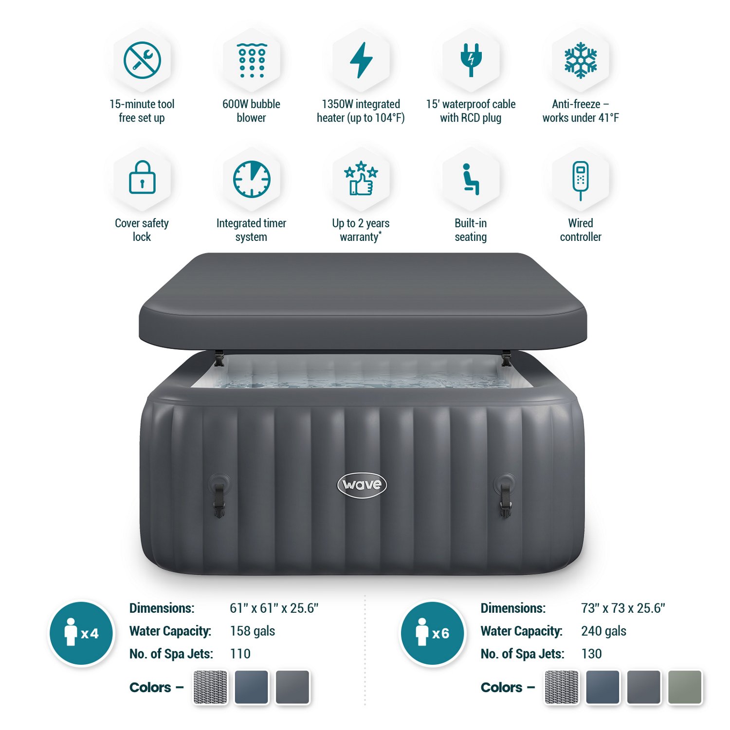 Wave Pacific 6 ft Square Inflatable Hot Tub – Color Dark Grey 01 Sansujyuku sansujyuku.com