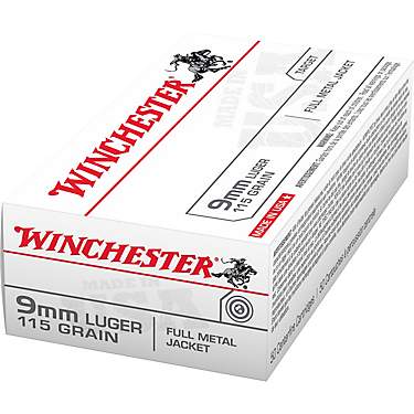 Winchester USA Full Metal Jacket 9mm Luger 115-Grain Handgun Ammunition - 50 Rounds                                             