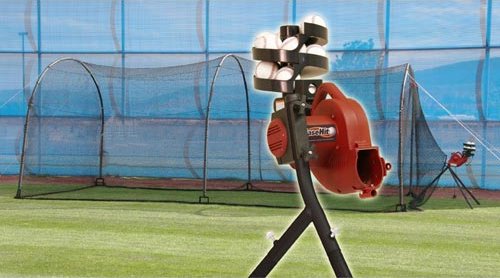 Trend Sports BaseHit Pitching Machine with Xtender 24 Home Batting Cage