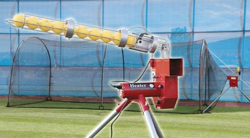 Trend Sports Heater Baseball Pitching Machine and Xtender 24 Home Batting Cage Academy