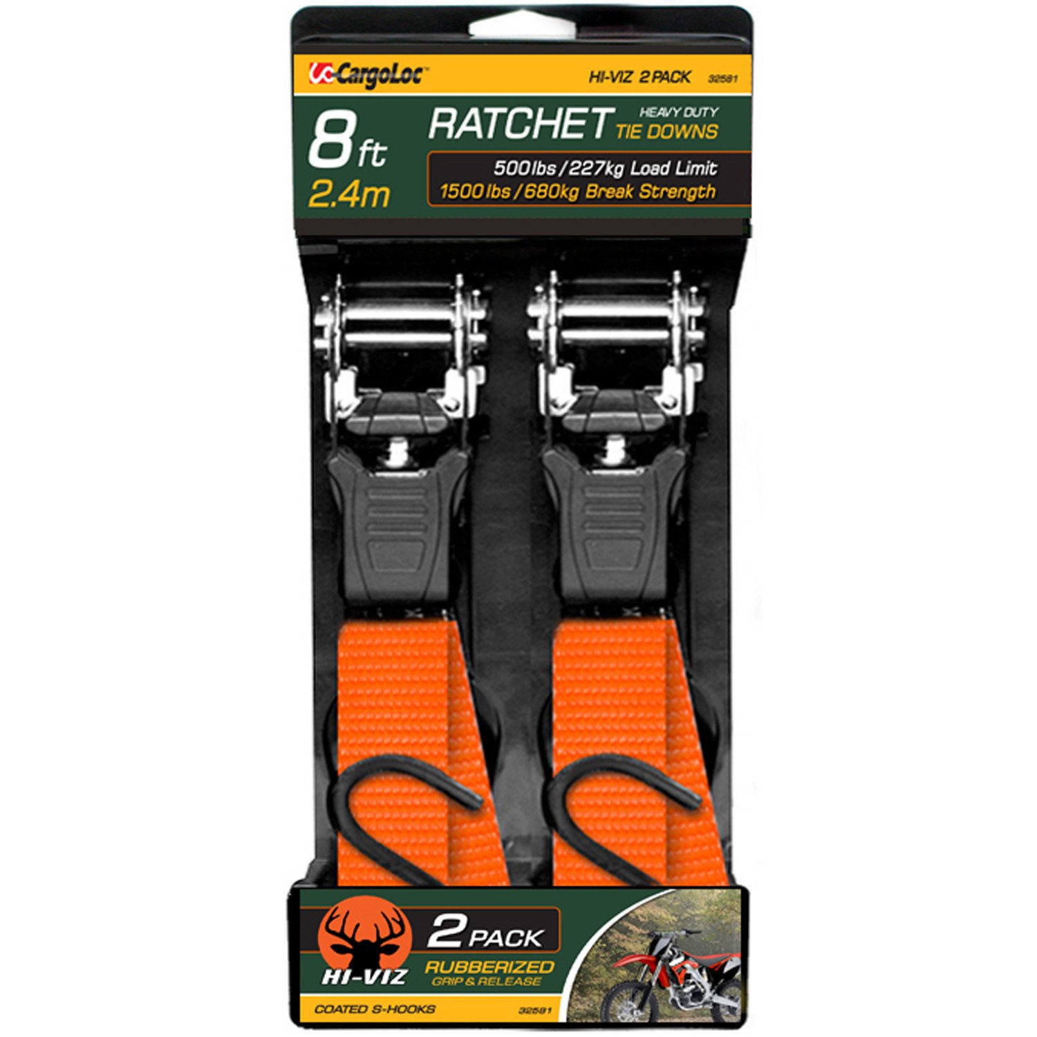 CargoLoc Hi-Viz 8' Heavy Duty Ratchet Tie Downs 2-Pack