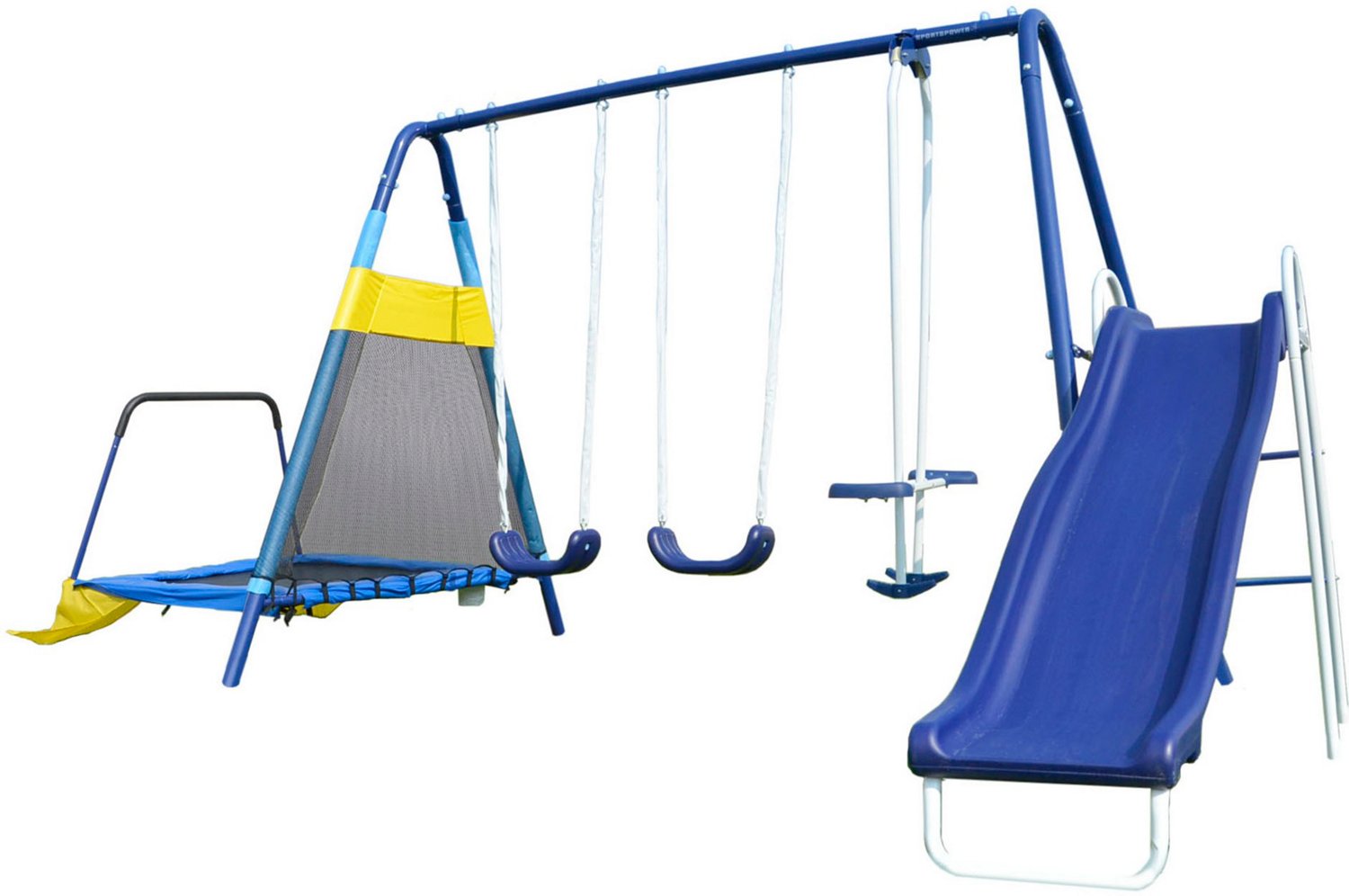 Swing set with store trampoline