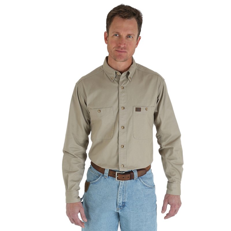 Wrangler® RIGGS Workwear® Long Sleeve Button Down Solid Twill Work Shirt in Khaki