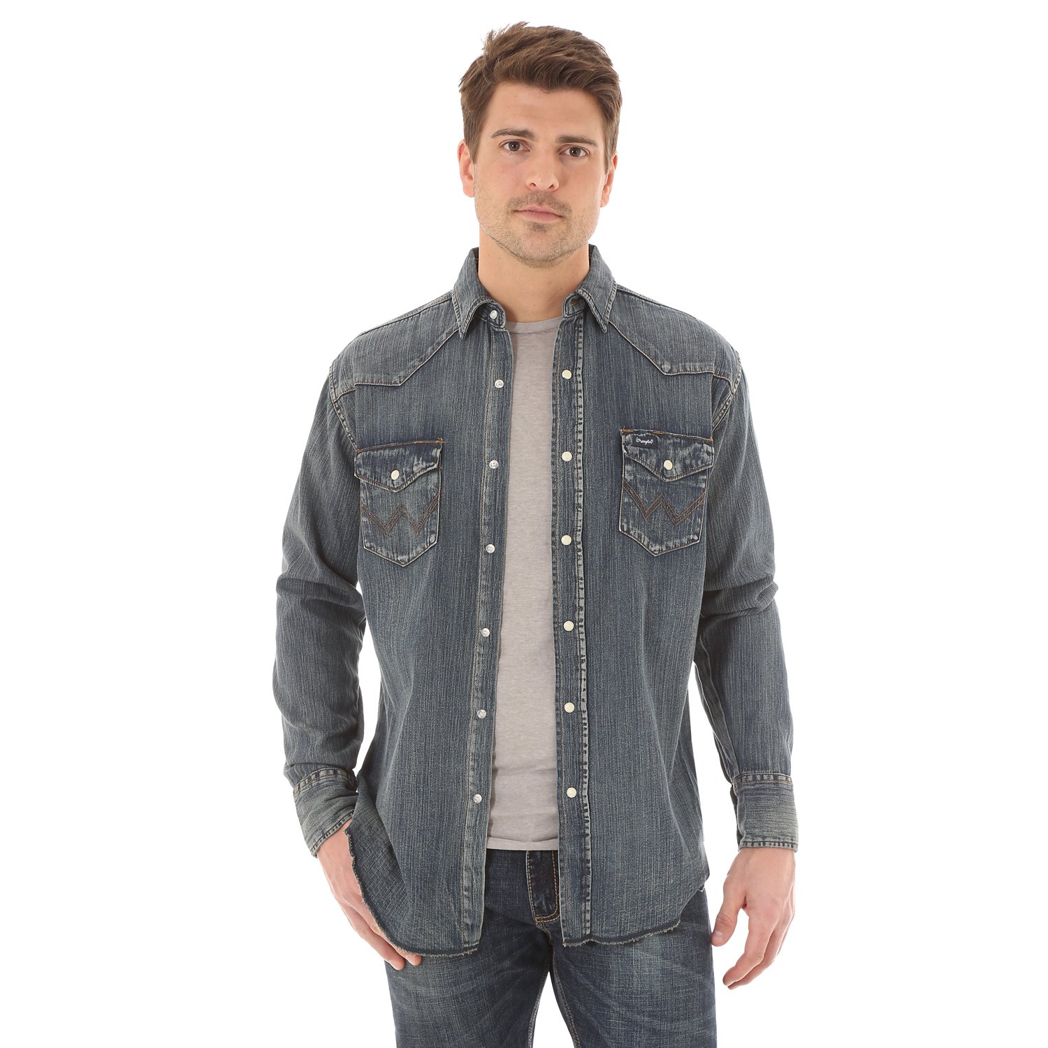 Wrangler Men's Cowboy Cut Long Sleeve Spread Collar Slub Denim Shirt ...