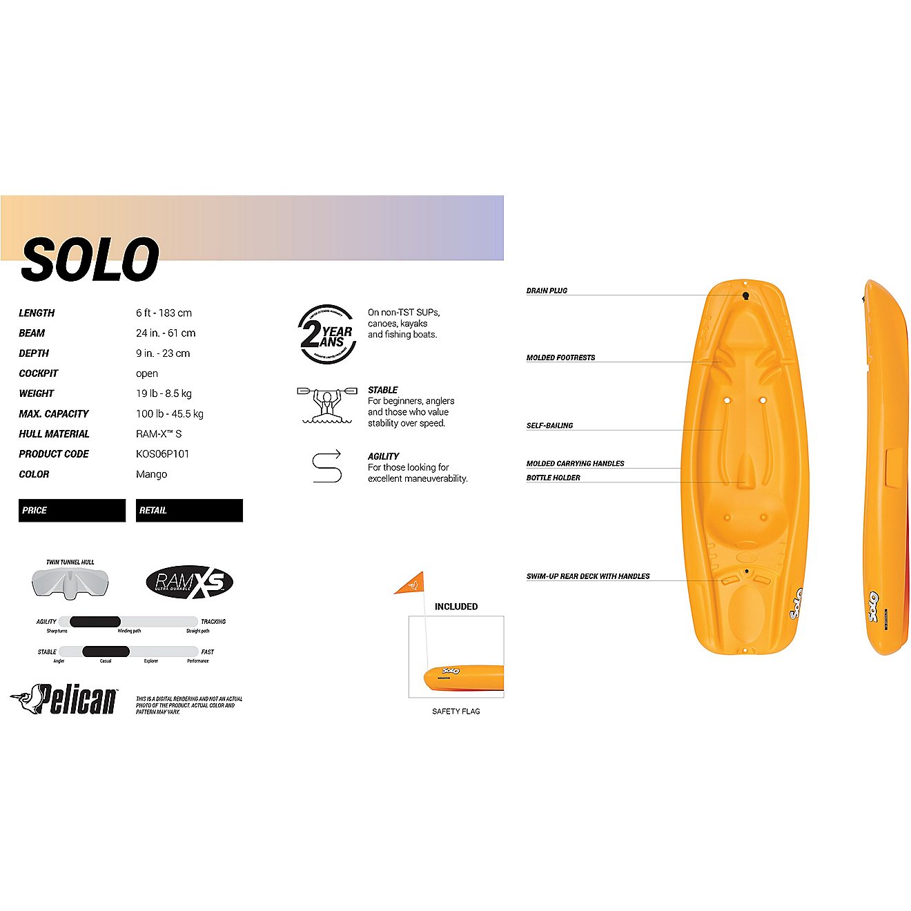 Pelican Solo 6 ft Sit-on-Top Kayak                                                                                               - view number 3