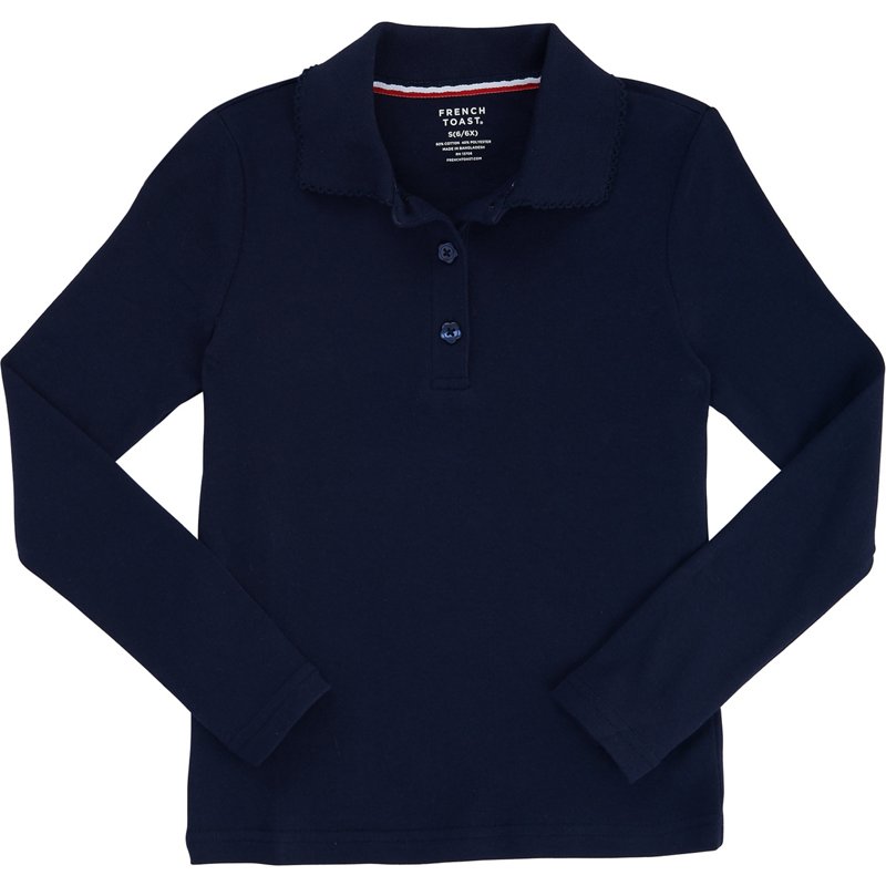 French Toast Toddler Girls Long Sleeve Picot Collar Interlock Polo Shirt - Navy