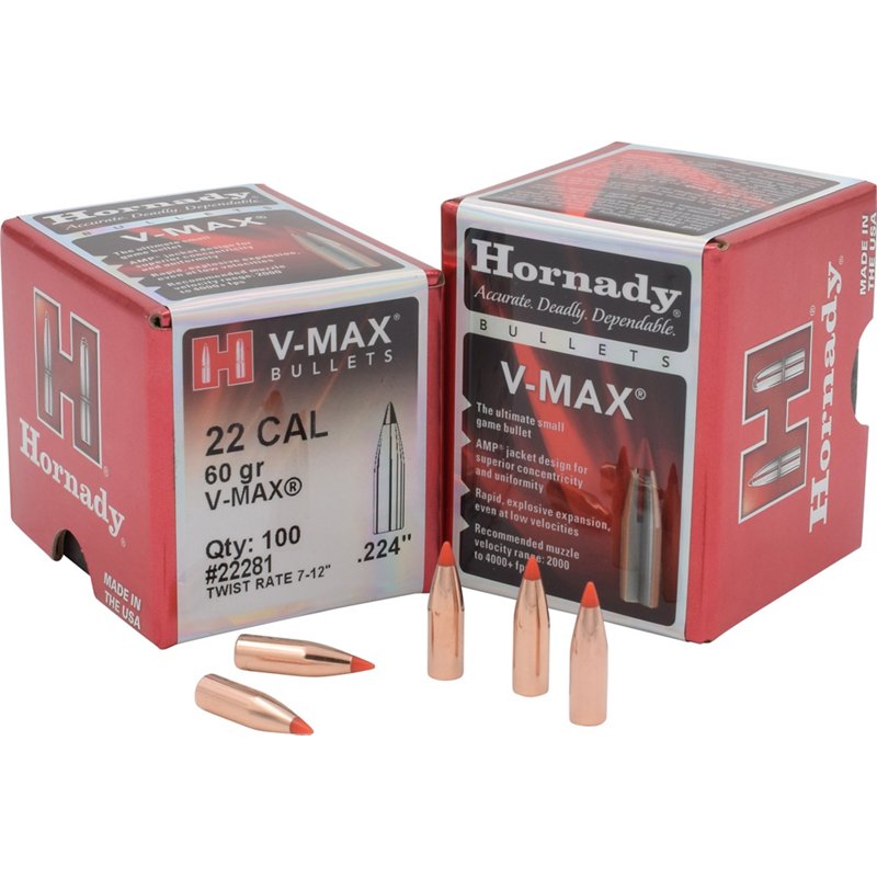 Hornady V-Max Rifle Bullets - .22 Caliber - .224 Diameter - 60 Grain - 100 Rounds