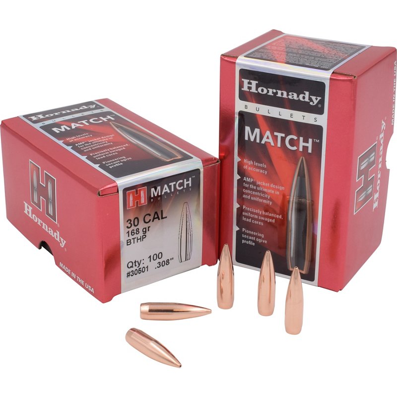 Hornady Match Bullets - 30 Caliber - 168 Grain - BTHP - 100 Rounds