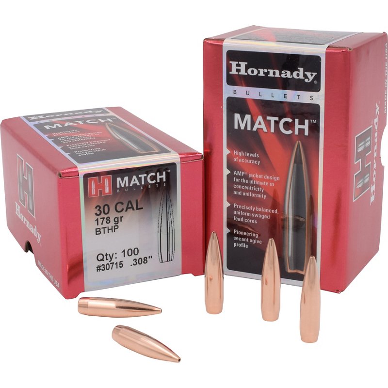 Hornady Match Bullets - 30 Caliber - 178 Grain - BTHP Match - 100 Rounds