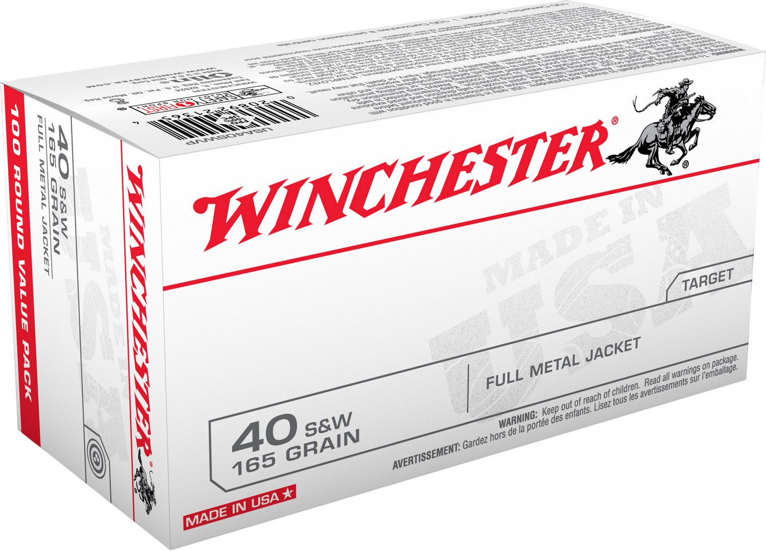 Winchester USA Full Metal Jacket Flat-Nose .40 Smith & Wesson 165-Grain Handgun Ammunition - 100 Rounds                          - view number 1 selected