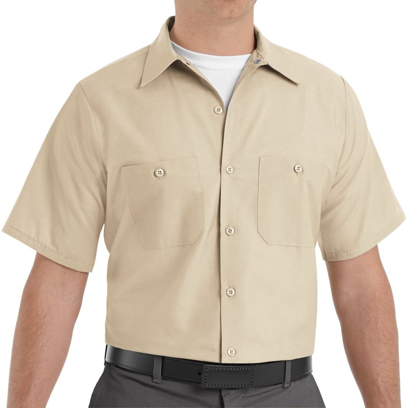 Men's Short Sleeve Poplin Work Shirt, Cotton/Polyester, Button Fronts, 2 Pocket(s), Light Tan, 4XL