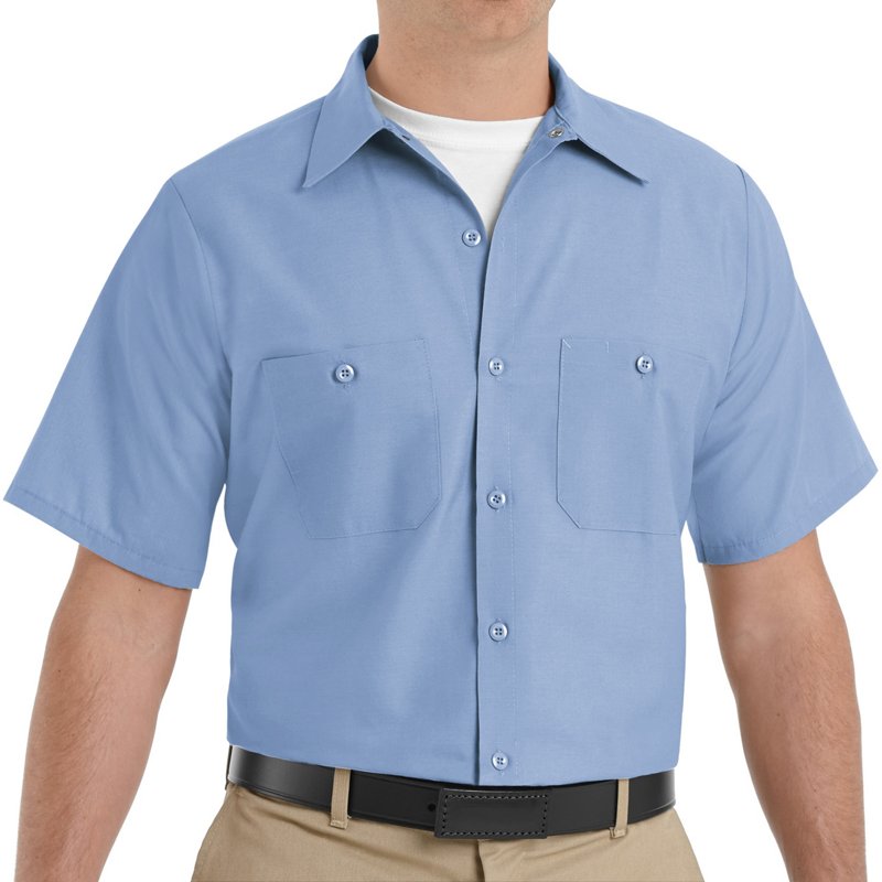 Men's Short Sleeve Industrial Work Shirt, Cotton/Polyester, Button, 2 Front Pocket(s), Light Blue