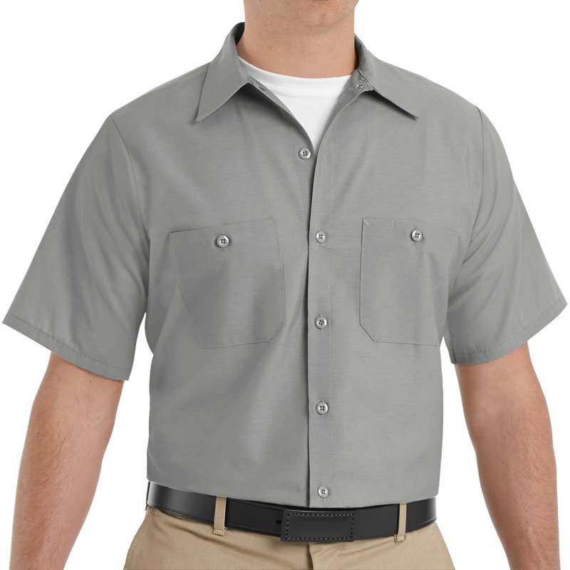 Men's Short Sleeve Poplin Work Shirt, Cotton/Polyester, Button Fronts, 2 Pocket(s), Light Gray, 4XL