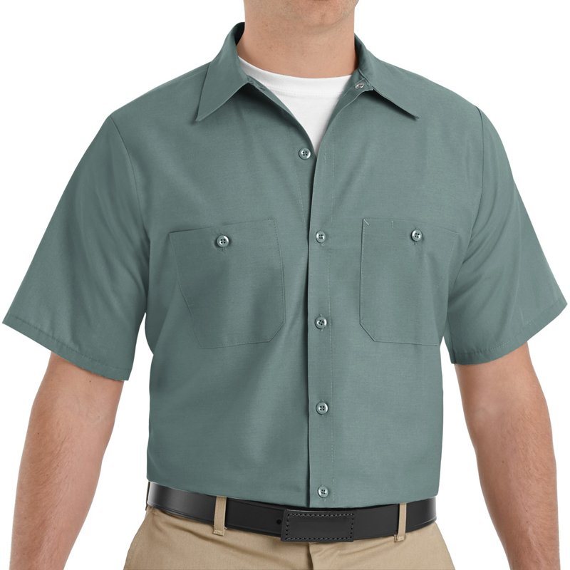 Men's Short Sleeve Poplin Work Shirt, Cotton/Polyester, Button Fronts, 2 Pocket(s), Green, 4XL