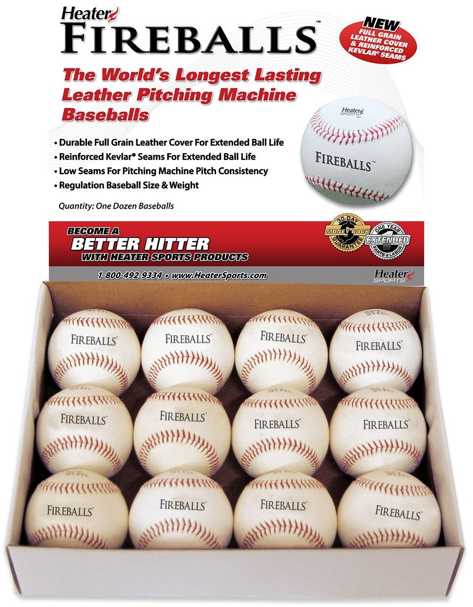 Heater Sports Fireball Kevlar Seamed Genuine Leather Pitching Machine Baseballs - 12 Pack