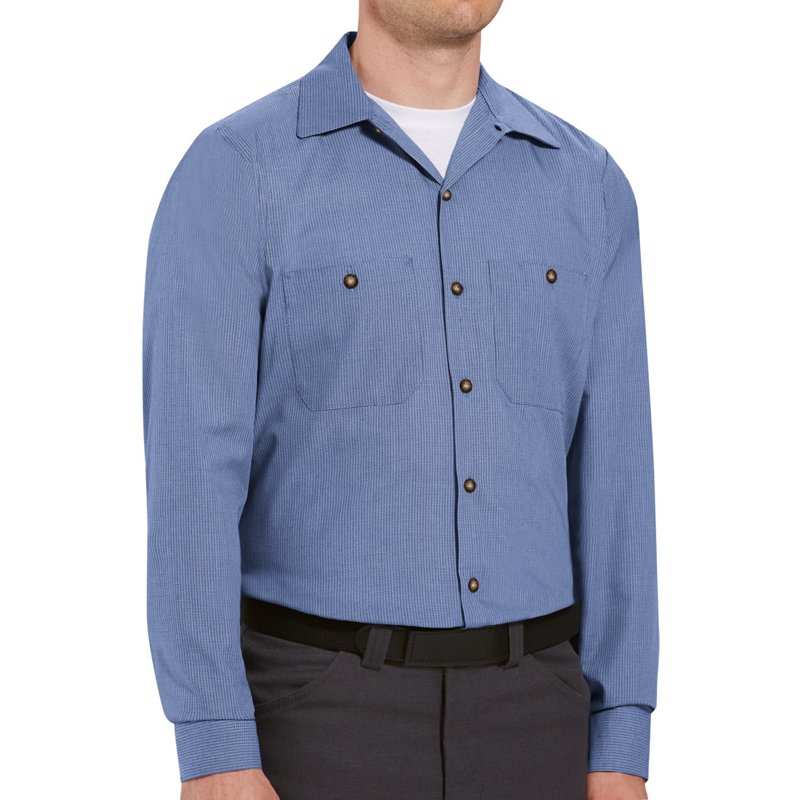 Men's Long Sleeve Microcheck Work Shirt, 65% Polyester/35% Cotton, Blue/Lt. Blue, S