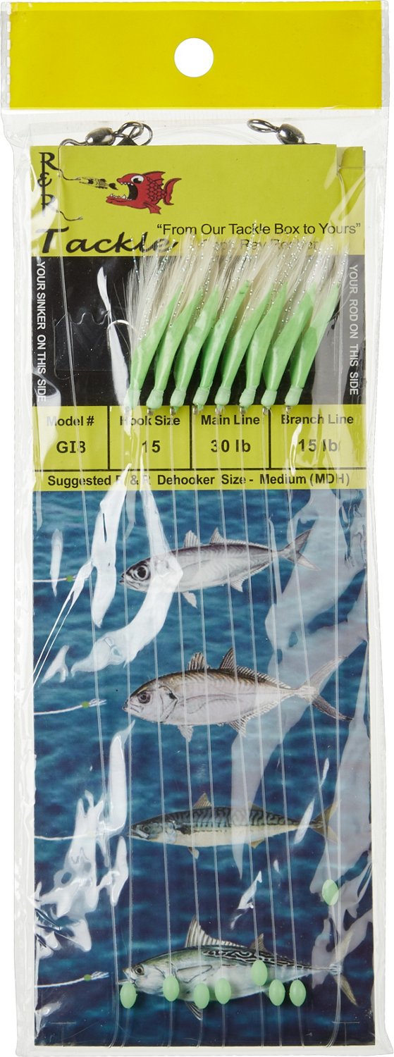 R&R Tackle GI8 Sabiki Size 15 Hooks with White Feather and Flow Fish Skin  8-Pack