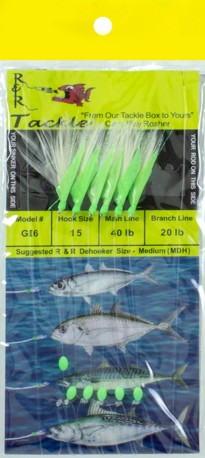 R&R Tackle GI6 Sabiki Size 15 Hooks with White Feather and Flow Fish Skin 6  Pack