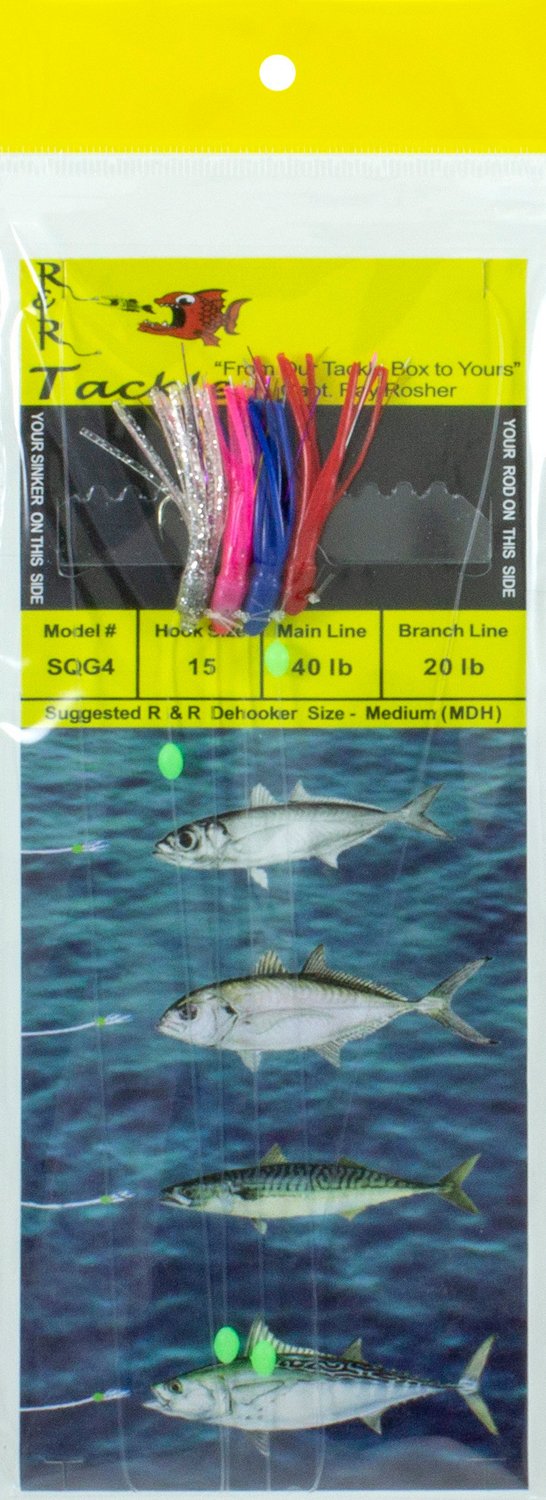 R&R Tackle SQG4 Sabiki Size 15 Hooks with Weighted Multi-Color Squids  4-Pack