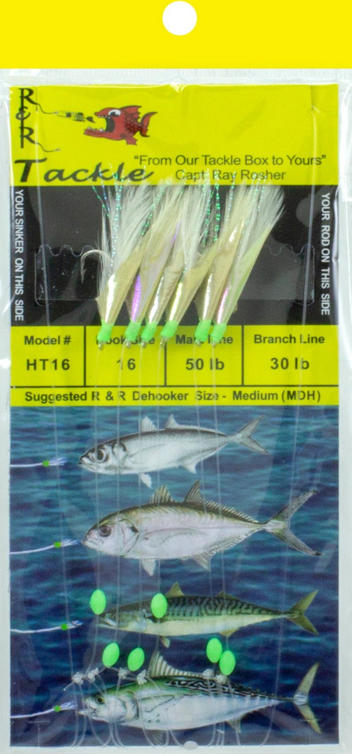 R&R Tackle HT16 Sabiki Size 16 Hooks with White Feather and Fish Skin 6-Pack