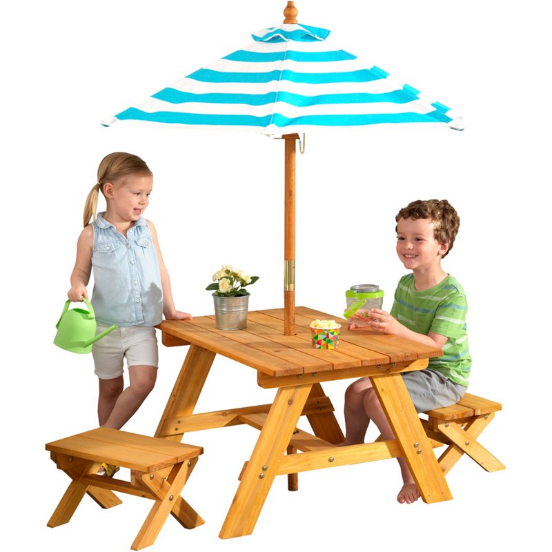 KidKraft Outdoor Table with Benches & Umbrella Brown - Swing Sets/Bounce Houses at Academy Sports