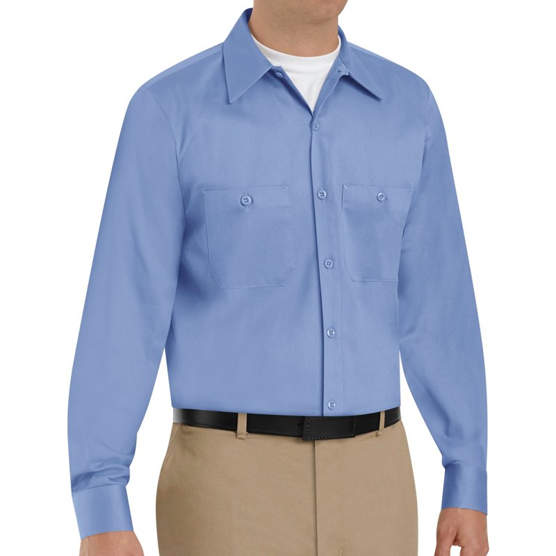 Men's Long Sleeve Work Shirt, Cotton, Button Fronts, 2 Pocket(s), Light Blue, M