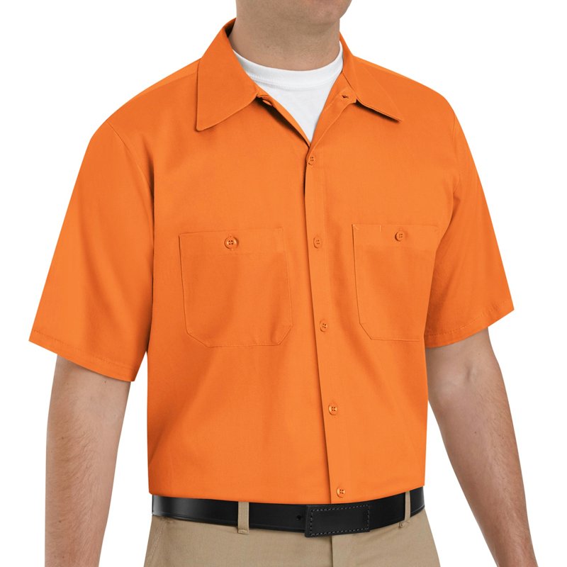 Men's Short Sleeve Work Shirt, Cotton, Button Fronts, 2 Pocket(s), Orange, L
