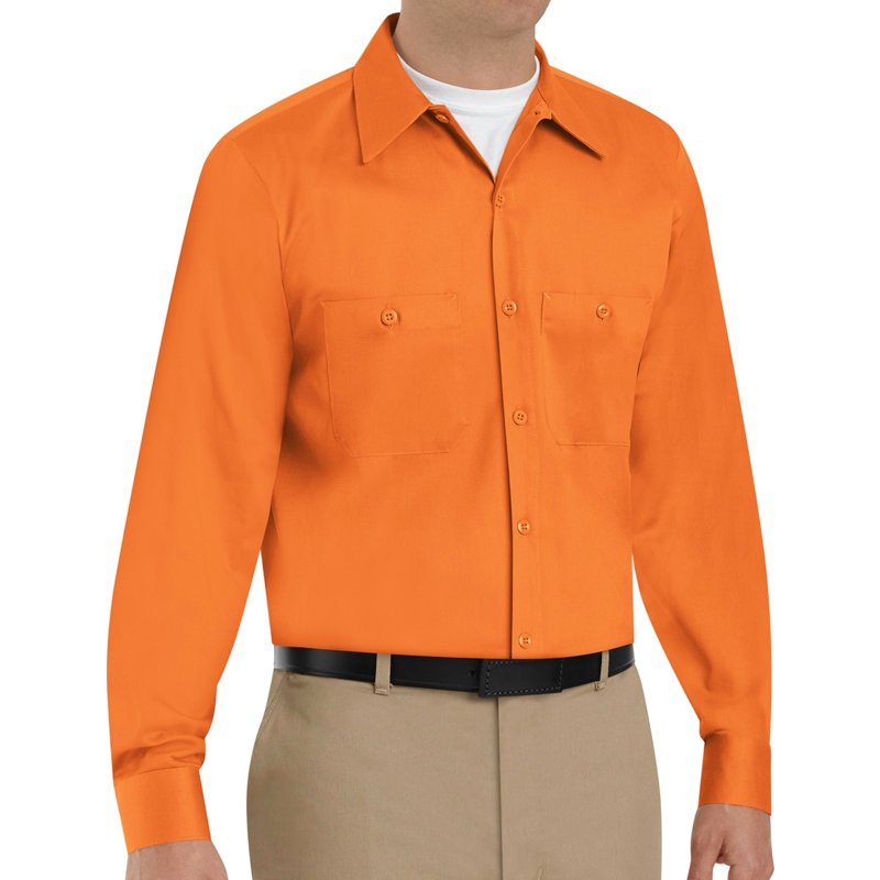 Men's Long Sleeve Work Shirt, Cotton, Button Fronts, 2 Pocket(s), Orange, S
