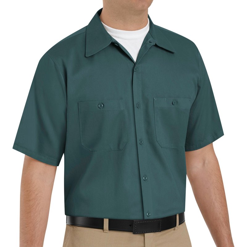 Men's Short Sleeve Work Shirt, Cotton, Button Fronts, 2 Pocket(s), Green, M