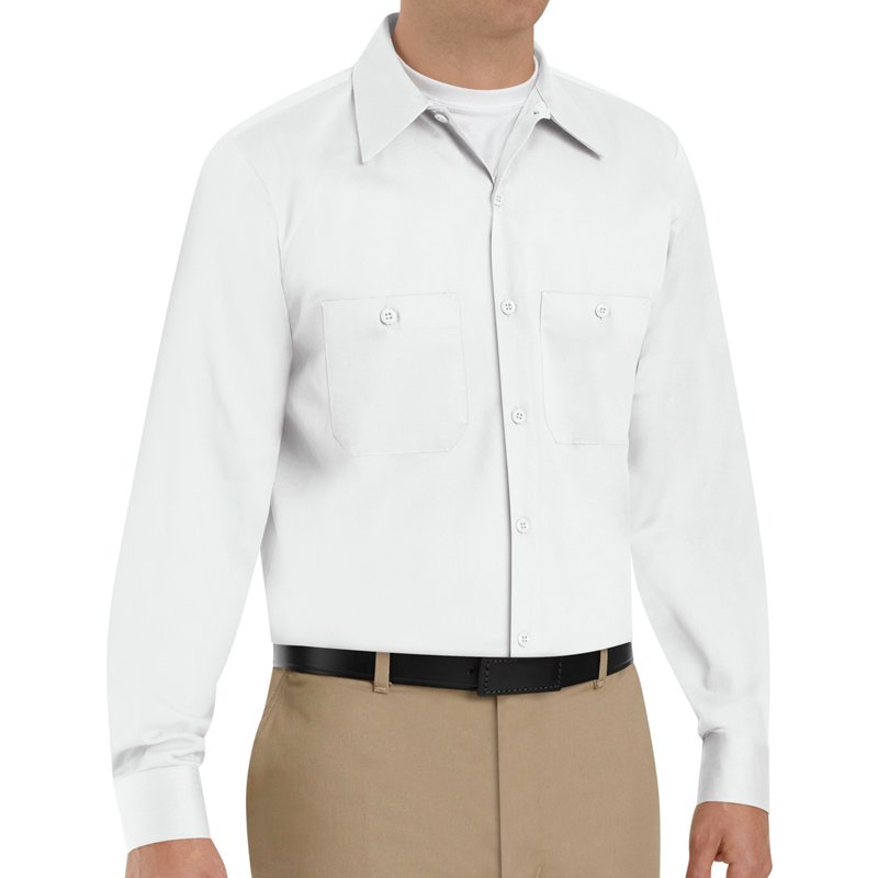 Men's Long Sleeve Work Shirt, Cotton, Button Fronts, 2 Pocket(s), White, S