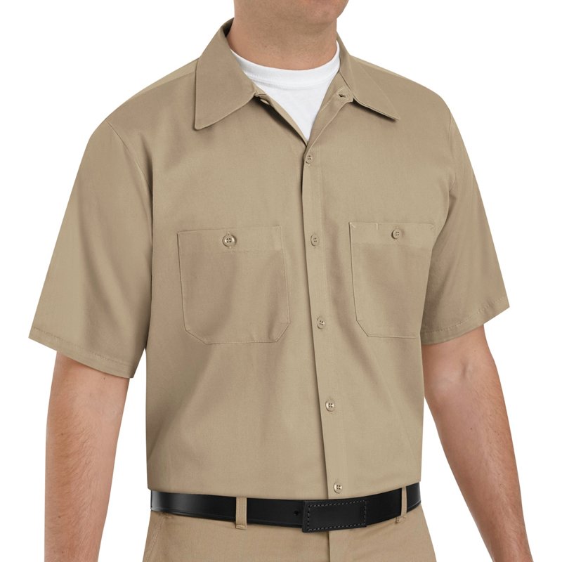 Men's Short Sleeve Work Shirt, Cotton, Button Fronts, 2 Pocket(s), Tan, M