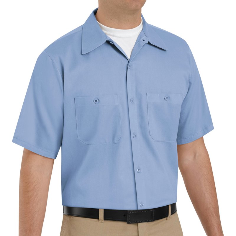 Men's Short Sleeve Work Shirt, Cotton, Button Fronts, 2 Pocket(s), Light Blue, M