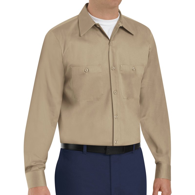Men's Long Sleeve Work Shirt, Cotton, Button Fronts, 2 Pocket(s), Tan, L