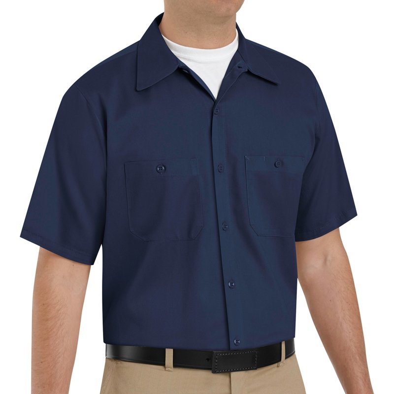 Men's Short Sleeve Work Shirt, Cotton, Button Fronts, 2 Pocket(s), Navy, M