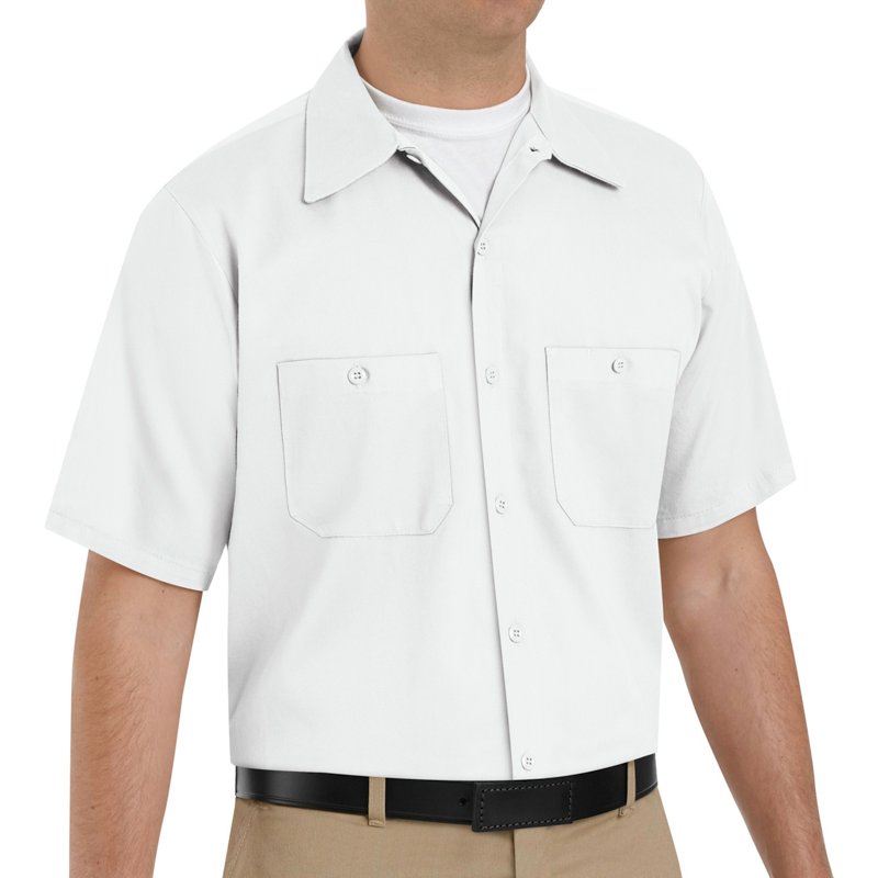 Men's Short Sleeve Work Shirt, Cotton, Button Fronts, 2 Pocket(s), White, M