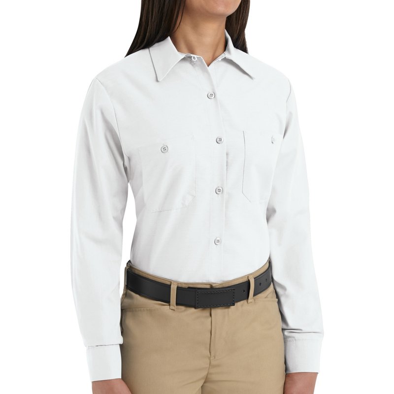 Women's Long Sleeve Work Shirt, Cotton/Polyester, Button Fronts, 2 Pocket(s), White, 2XL