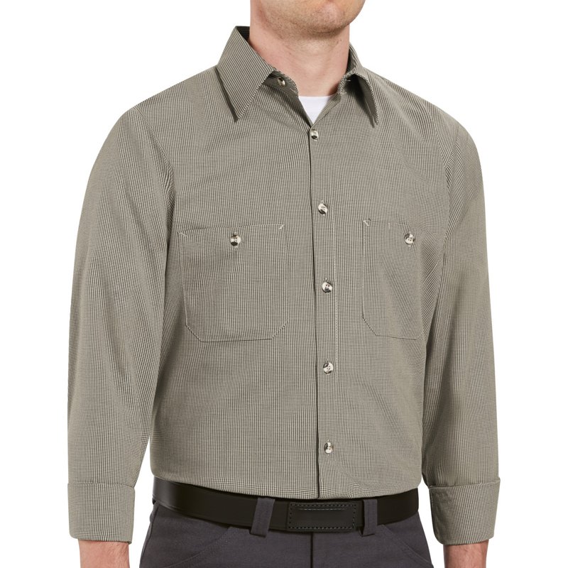 Men's Long Sleeve Microcheck Uniform Shirt, 65% Polyester/35% Cotton, Button Fronts, Khaki/Black