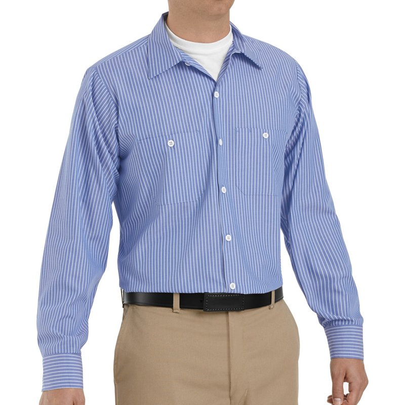 Long Sleeve Striped Work Shirt, 65% Polyester / 35% Cotton, Button Front, Blue/White, 2XL