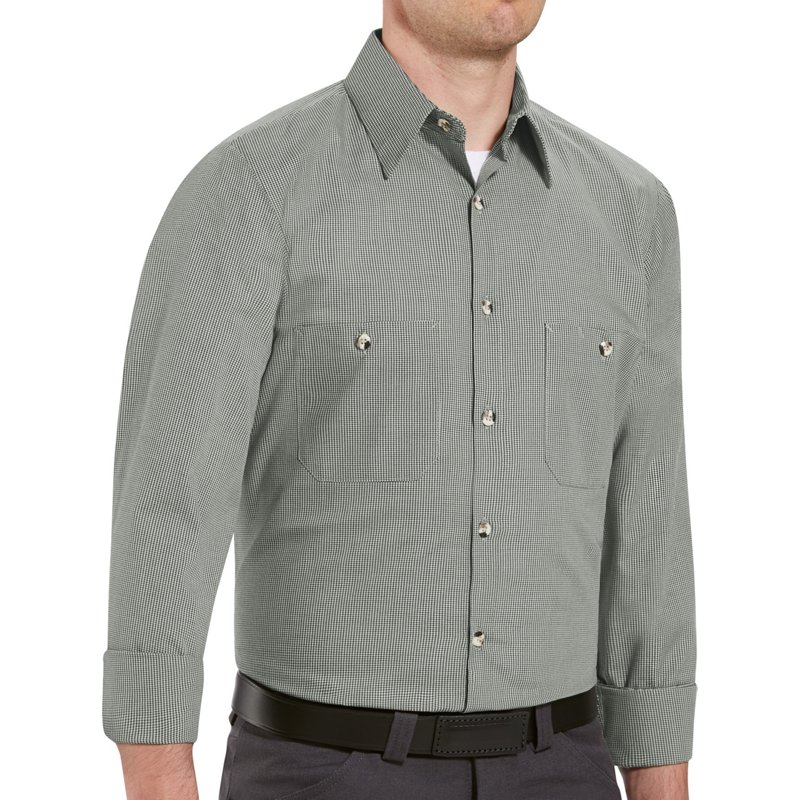 Men's Long Sleeve Microcheck Uniform Shirt, 65% Polyester/35% Cotton, Button Fronts, 2XL