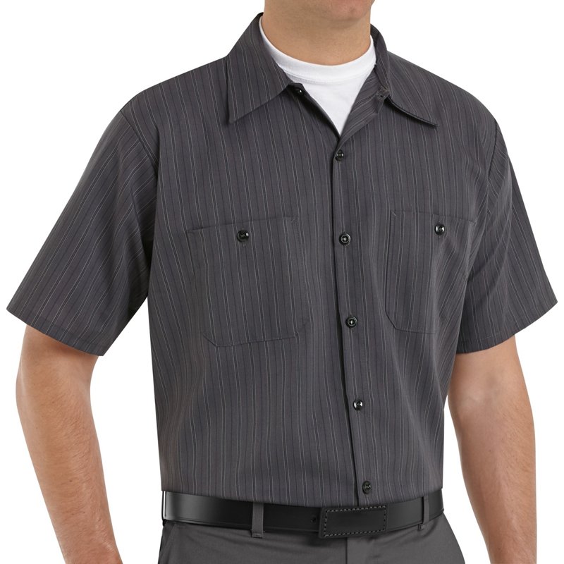 Short Sleeve Striped Work Shirt, 65% Polyester/35% Cotton, Button Fronts, Charcoal/Blue, XL