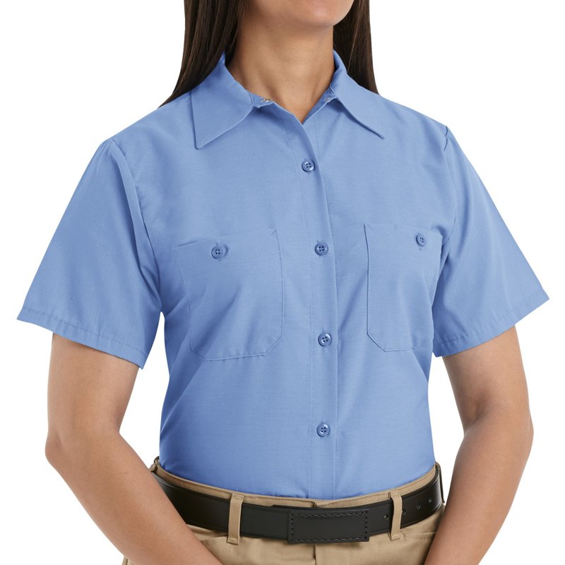 Women's Short Sleeve Work Shirt, Cotton/Polyester, Button Fronts, 2 Pocket(s), Light Blue, 4XL