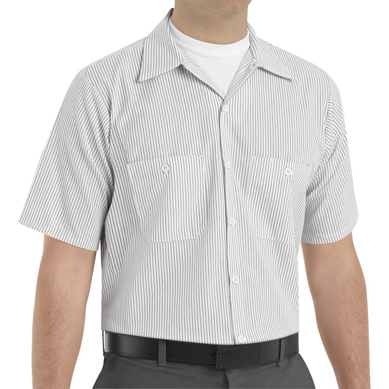 Men's Short Sleeve Striped Work Shirt, 65% Polyester/35% Cotton, Button Fronts, White/Charcoal, 4XL