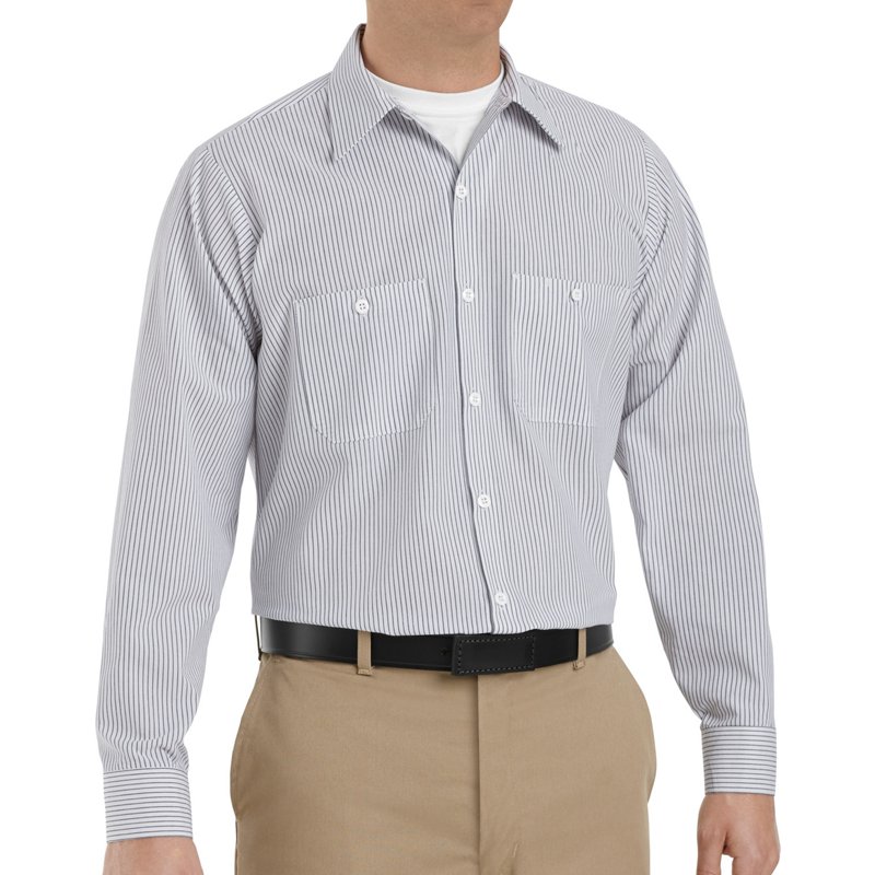 Long Sleeve Striped Work Shirt, 65% Polyester / 35% Cotton, Button Front, Charcoal/White, 2XL