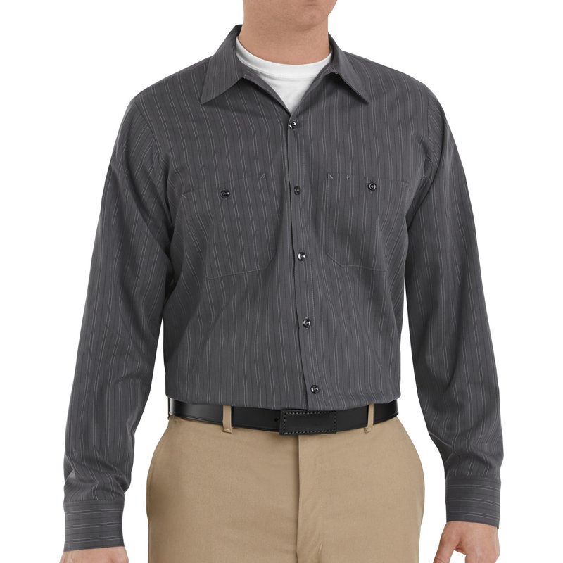 Long Sleeve Striped Work Shirt, 65% Polyester/35% Cotton, Button Fronts, Gray/Black, 2XL