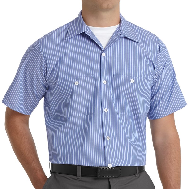 Men's Short Sleeve Striped Work Shirt, 65% Polyester/35% Cotton, Button Fronts, Blue/White, M