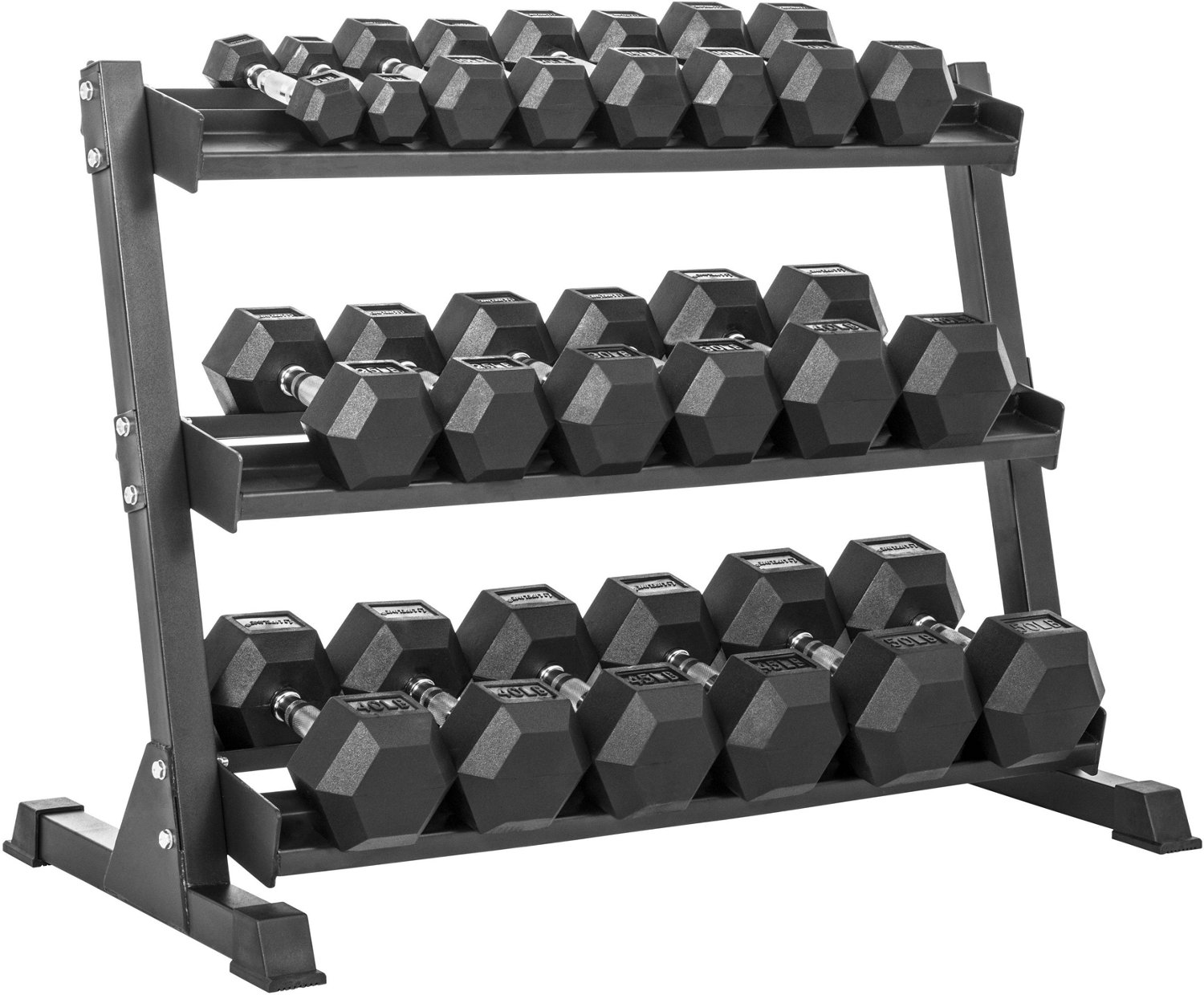 Lifeline 5 to 50 pound Hex Rubber Dumbbell Set with 3 Tier Storage Rack Academy