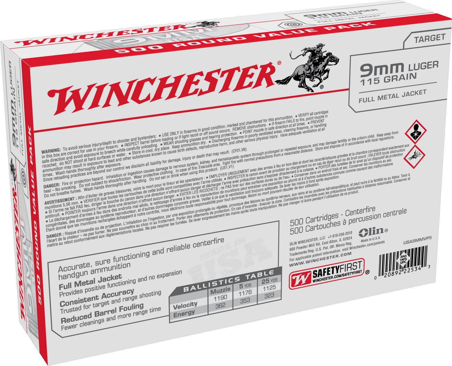 Winchester USA 9mm Luger 115-Grain Handgun Ammunition