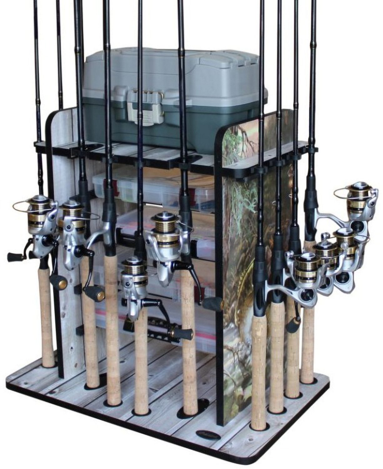 Rush Creek Bass 14 Fishing Rod Rack with 4 Bait Bin Storage