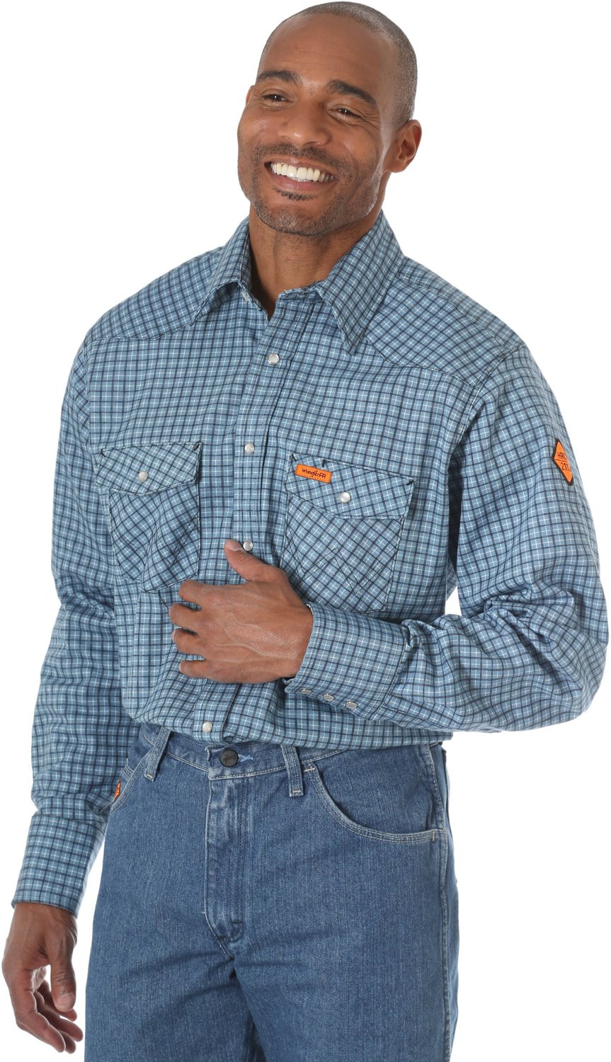 Wrangler Men's Flame Resistant Long Sleeve Western Snap Plaid Shirt |  Academy